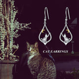 Cat Earrings Sterling Silver Cat Moon Dangle Drop Hooks Earrings Cute