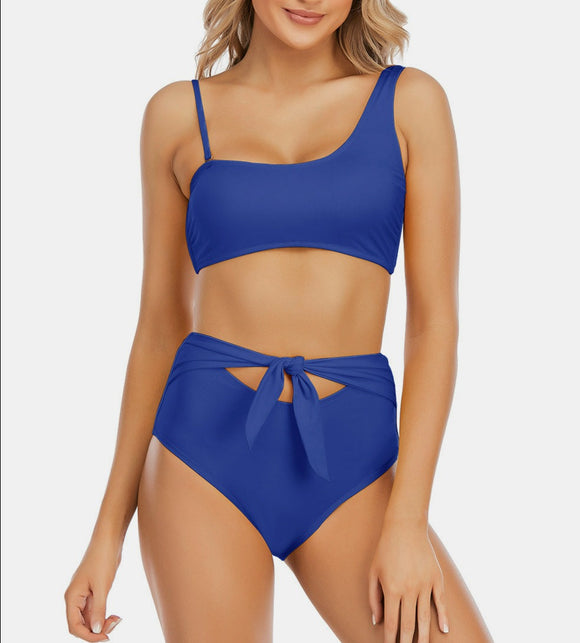 Tie-Waist Asymmetrical Neck Bikini Set