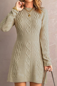 Mixed Knit Crewneck Mini Sweater Dress