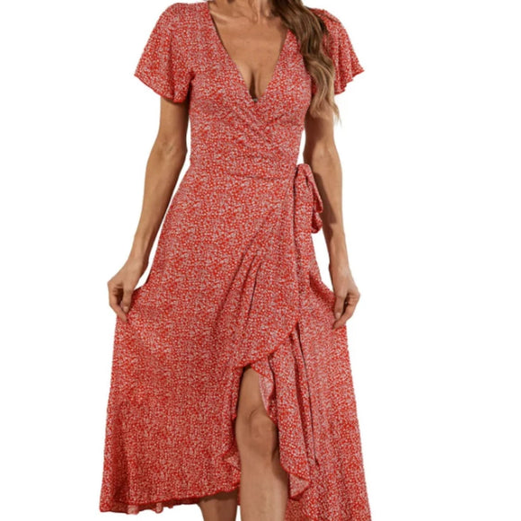 Womens Floral Maxi Dress With Cap Sleeves