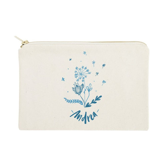 Personalized Name Blue Floral Cosmetic Bag and Travel Make Up Pouch